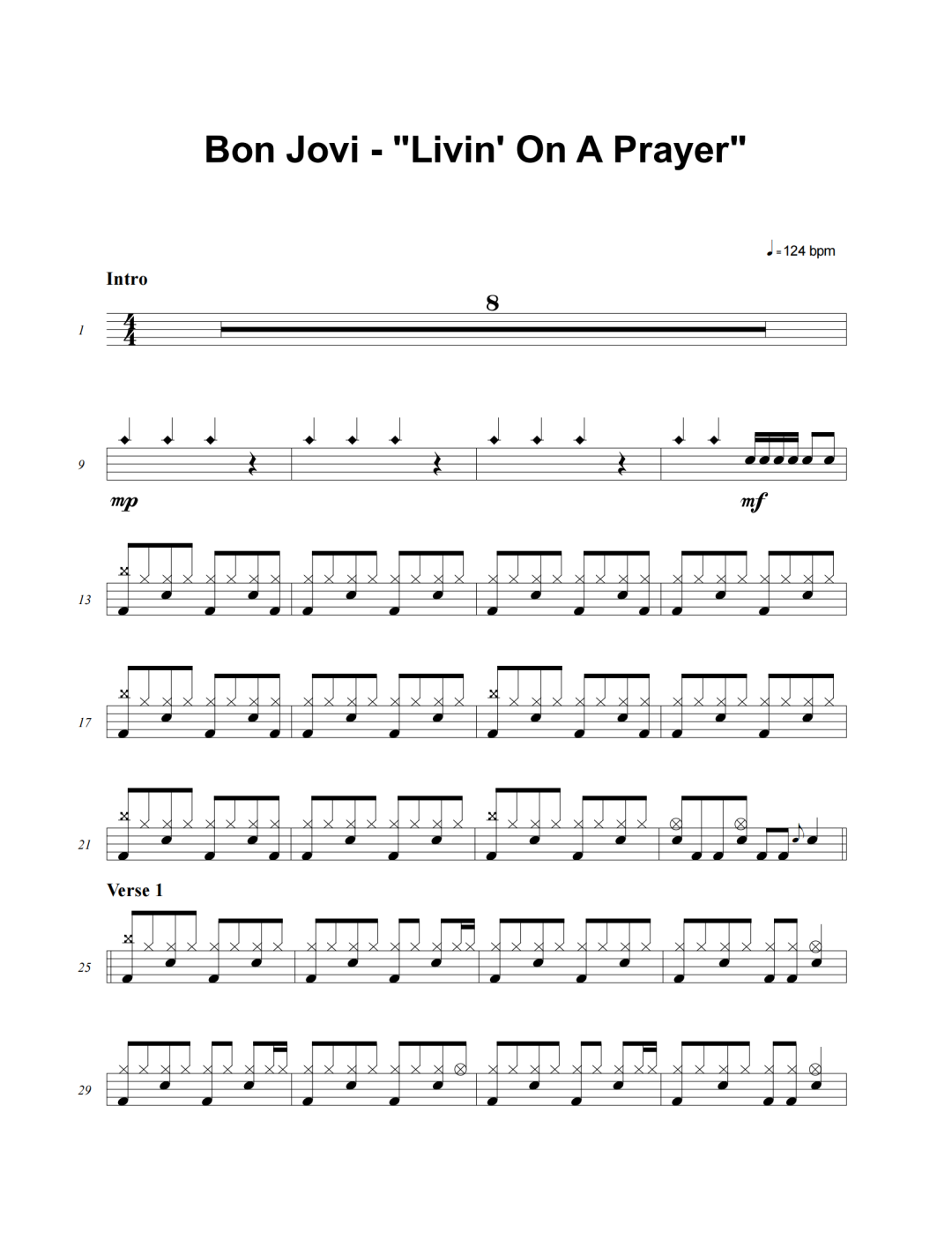 Bon Jovi《Livin'On A Prayer》鼓谱 - 架子鼓谱